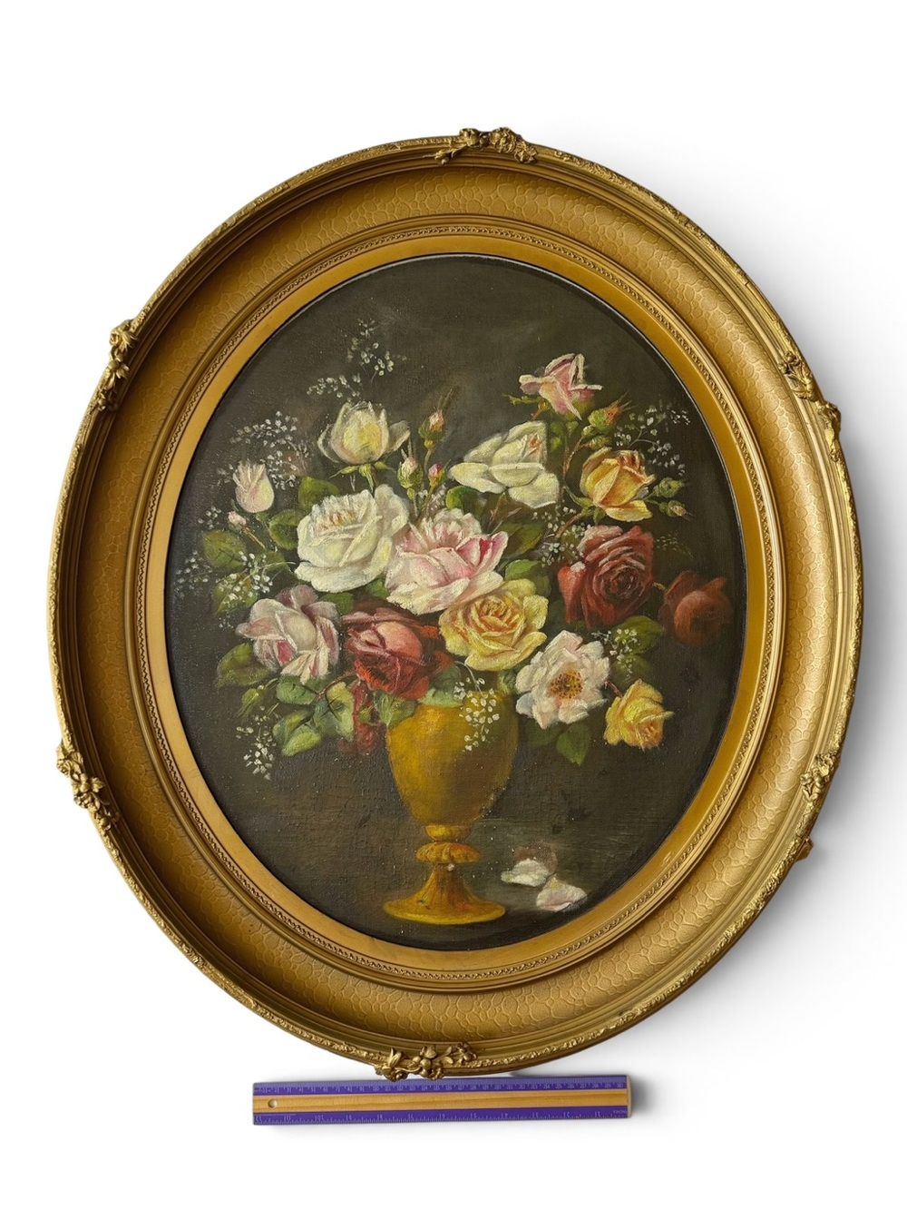 Vintage Romantic Roses in Vase Dark Moody  Original Oval Painting Gilt Frame 24”